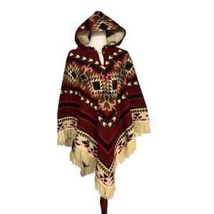 Native Creations Alpaca Blend Hooded Poncho OS Southwestern Boho Festival Red